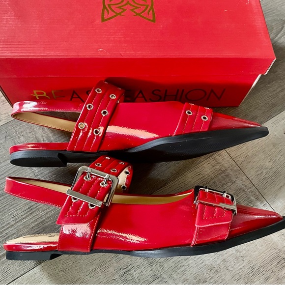 Beast Fashion Red Faux Patent Grommet Buckle Pointed Toe Shoes Flats Various - Picture 6 of 7